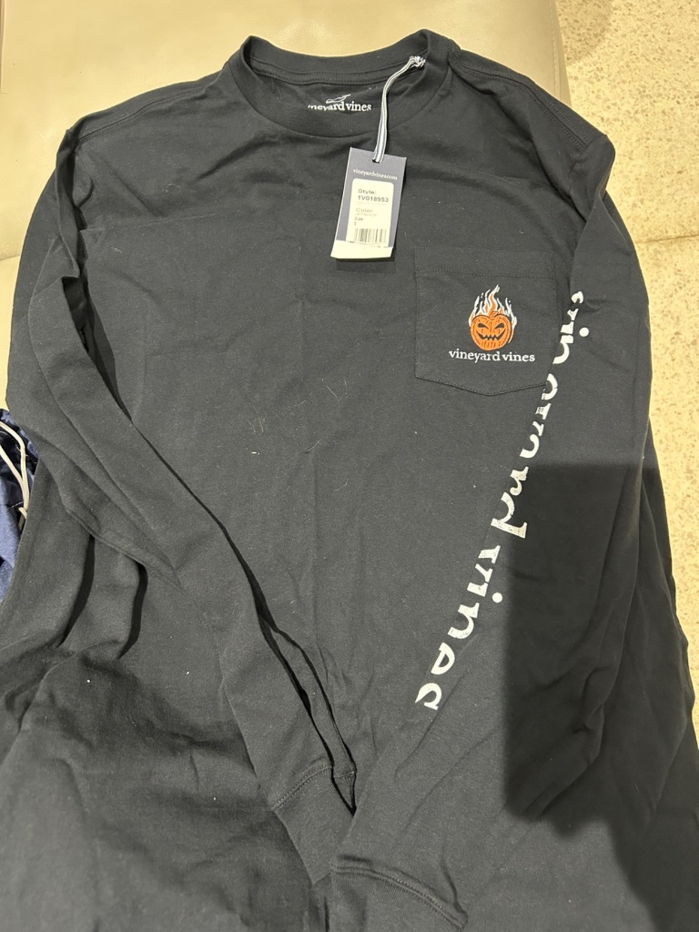 Vineyard Vines Black Long Sleeve Pocket Tee with Flaming Pumpkin Patch